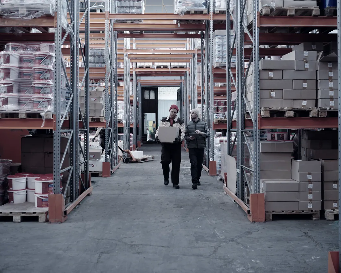 Warehouse aisle with racked goods
